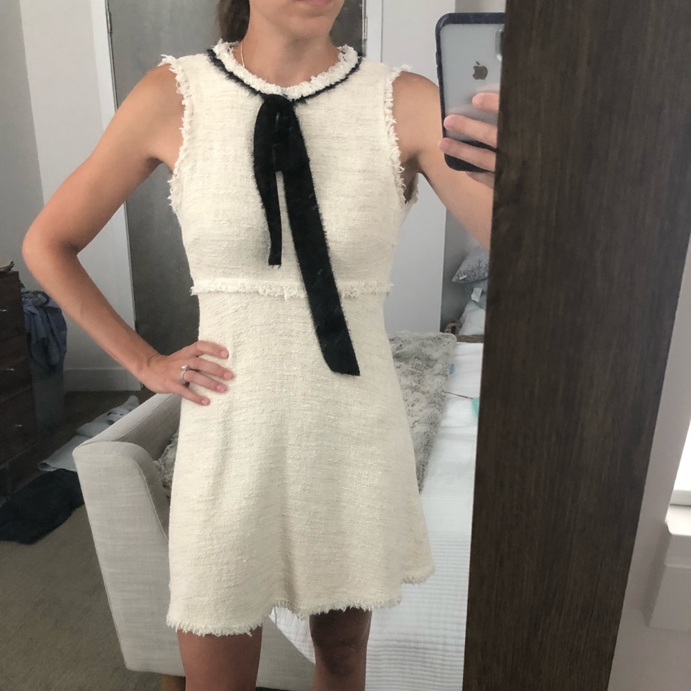 Zara Women Frayed Trim Tweed Dress w/ Bow Tie Neck